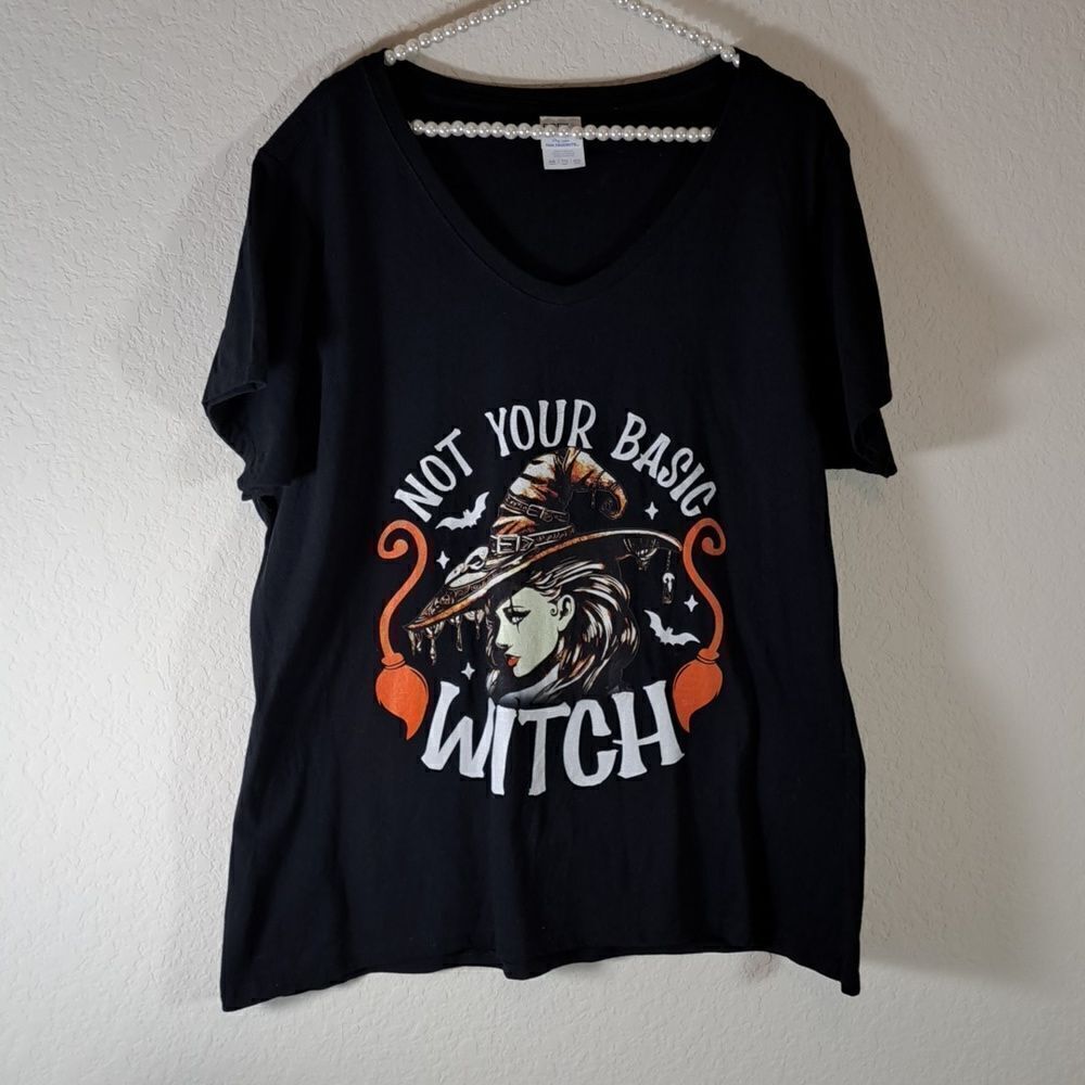 Halloween Not Your Basic Witch Black T Shirt Port & Company Goth V Neck Size XXL